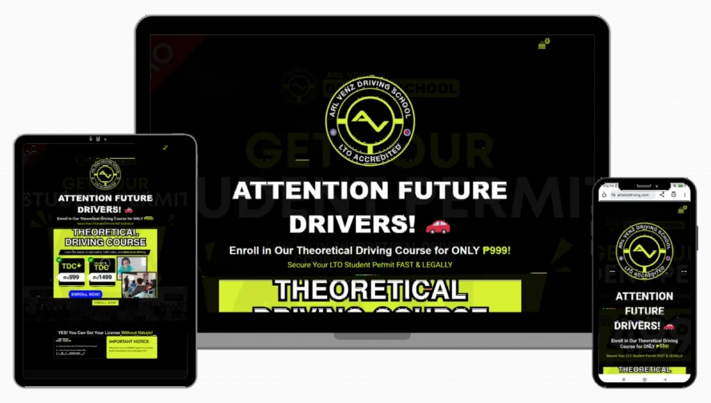 Arlvenz Driving School website on desktop, tablet and phone
